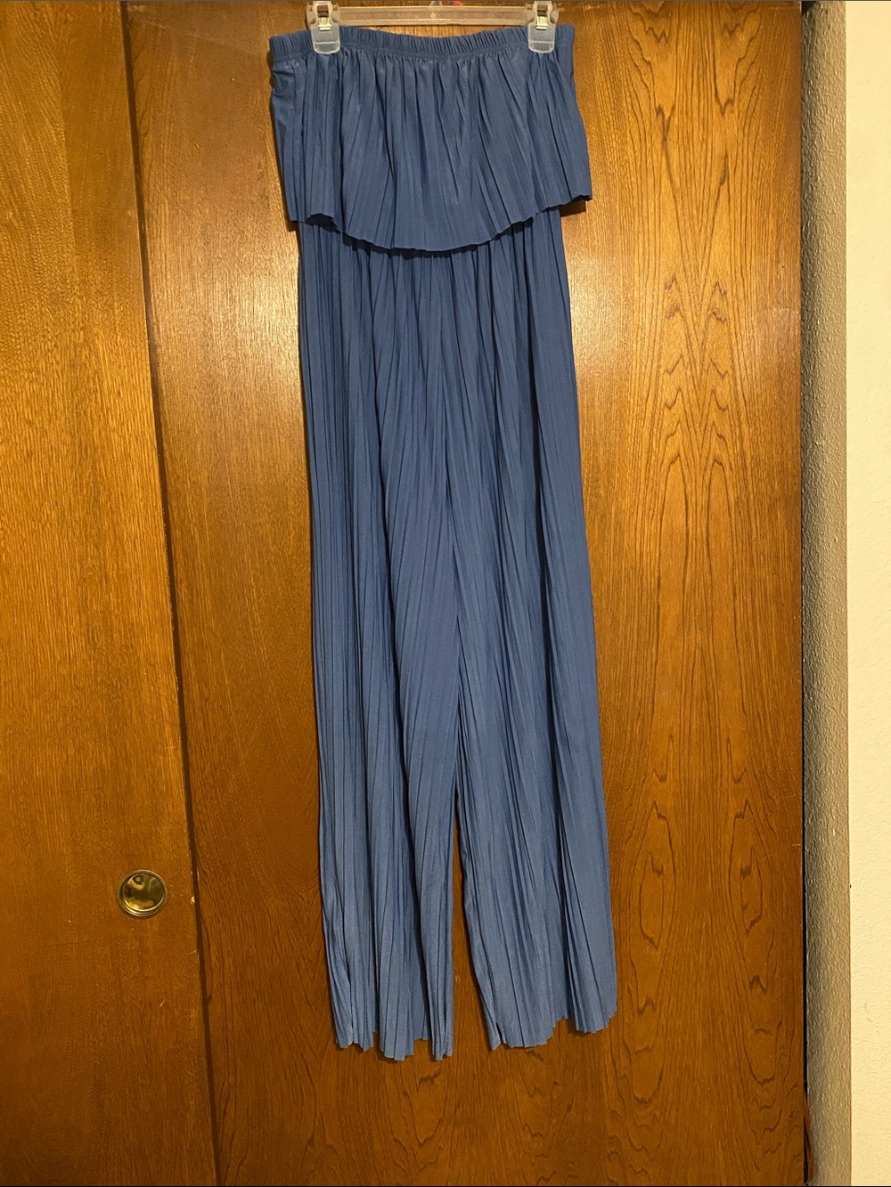 Strapless Pleated Wide-Leg Jumpsuit in Slate Blue